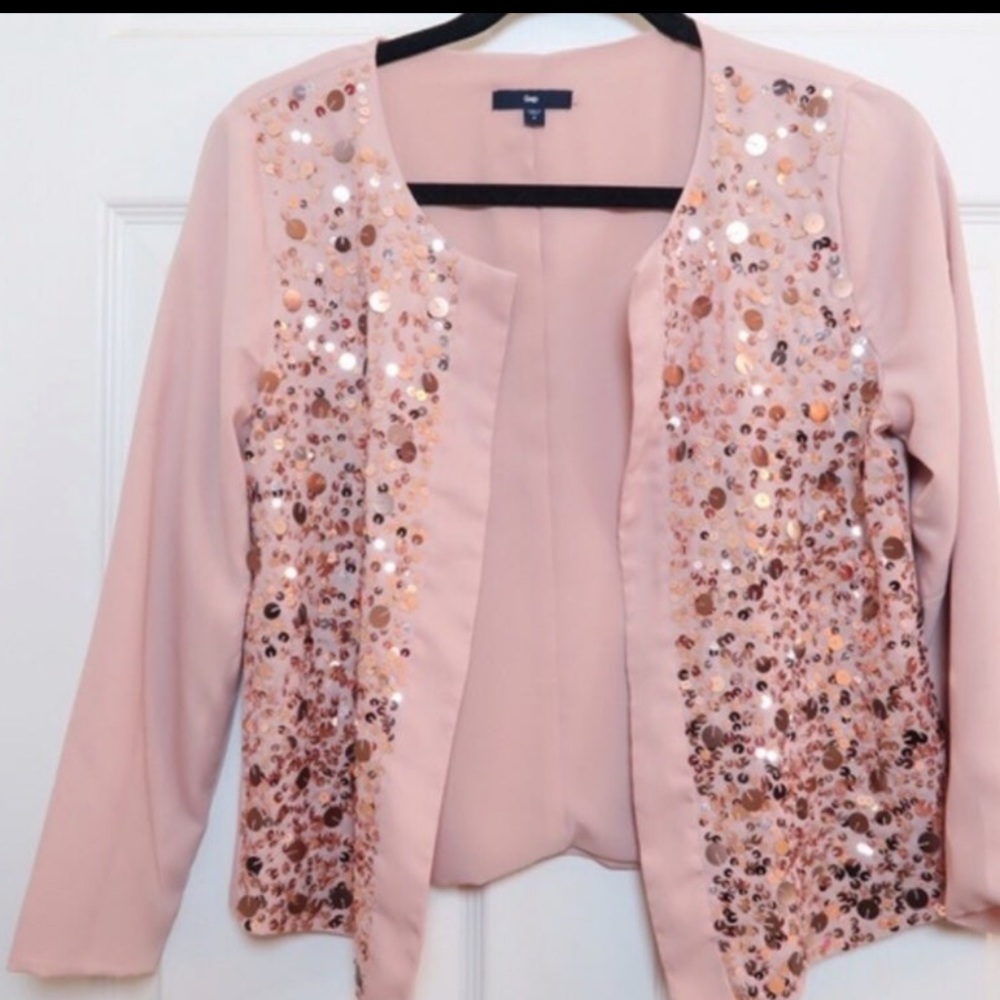 Gap Sequin Bling Open Front Blazer Jacket Cardigan Pink Rose Gold